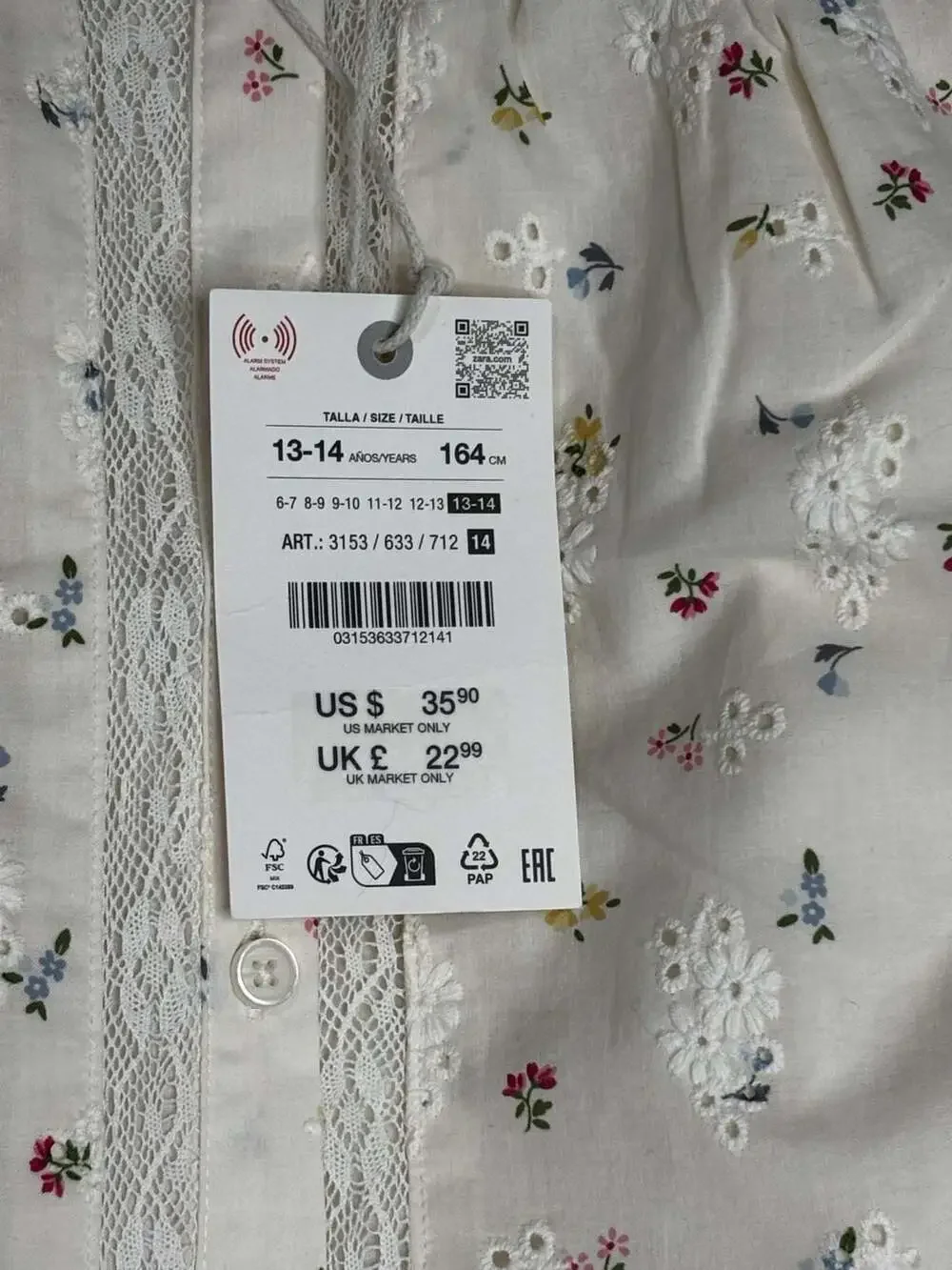 Zara Schiffly Lace Trim Top Ecru Floral 13-14 Years